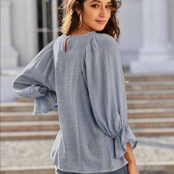 DUSTY BLUE SOLID KEYHOLE BACK FLOUNCE SLEEVE TOP - Picture 2 of 7